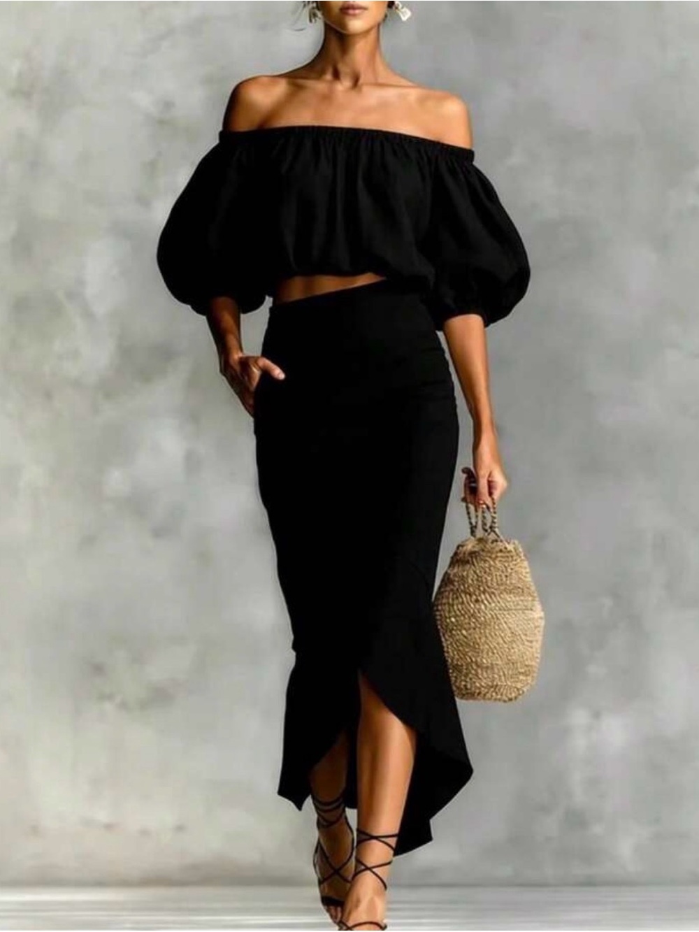 Elegant Black High-Waist Asymmetric Midi Skirt